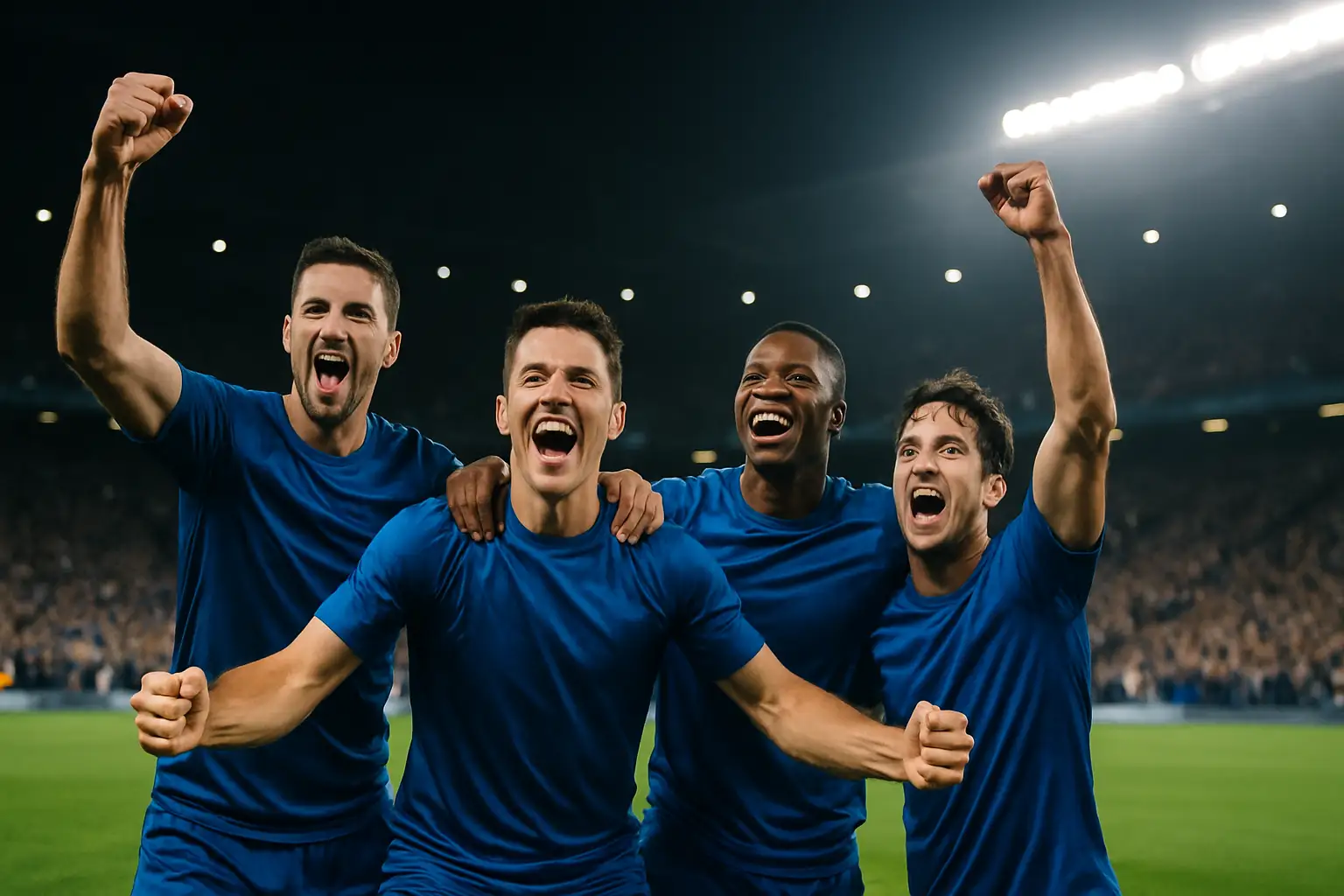French football players celebrating a goal during an international match