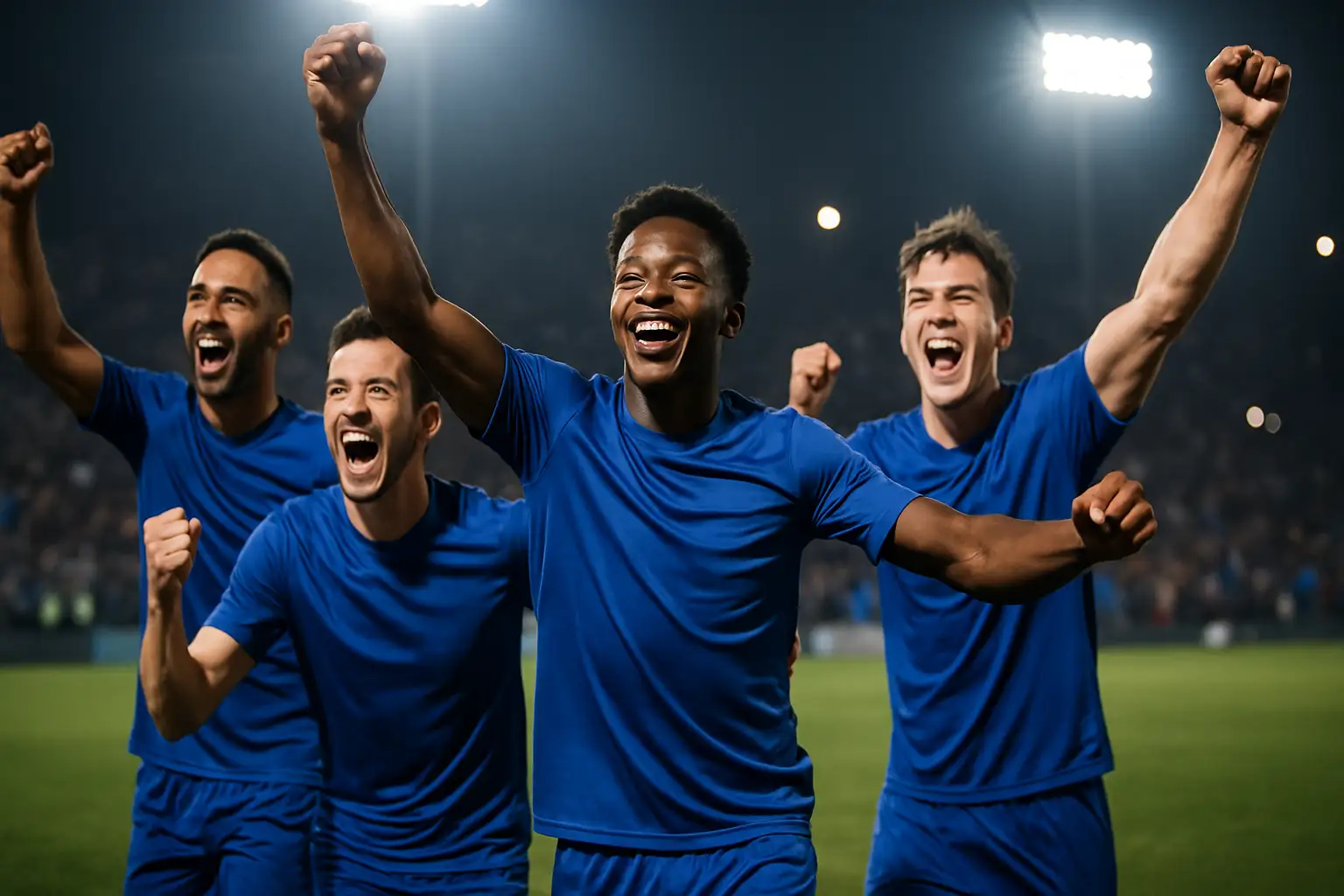 France football players celebrating a semi-final qualification on the pitch