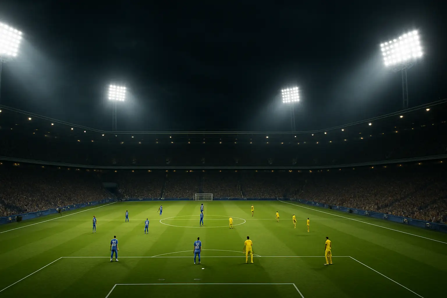 French and Swedish football players competing on the pitch under floodlights
