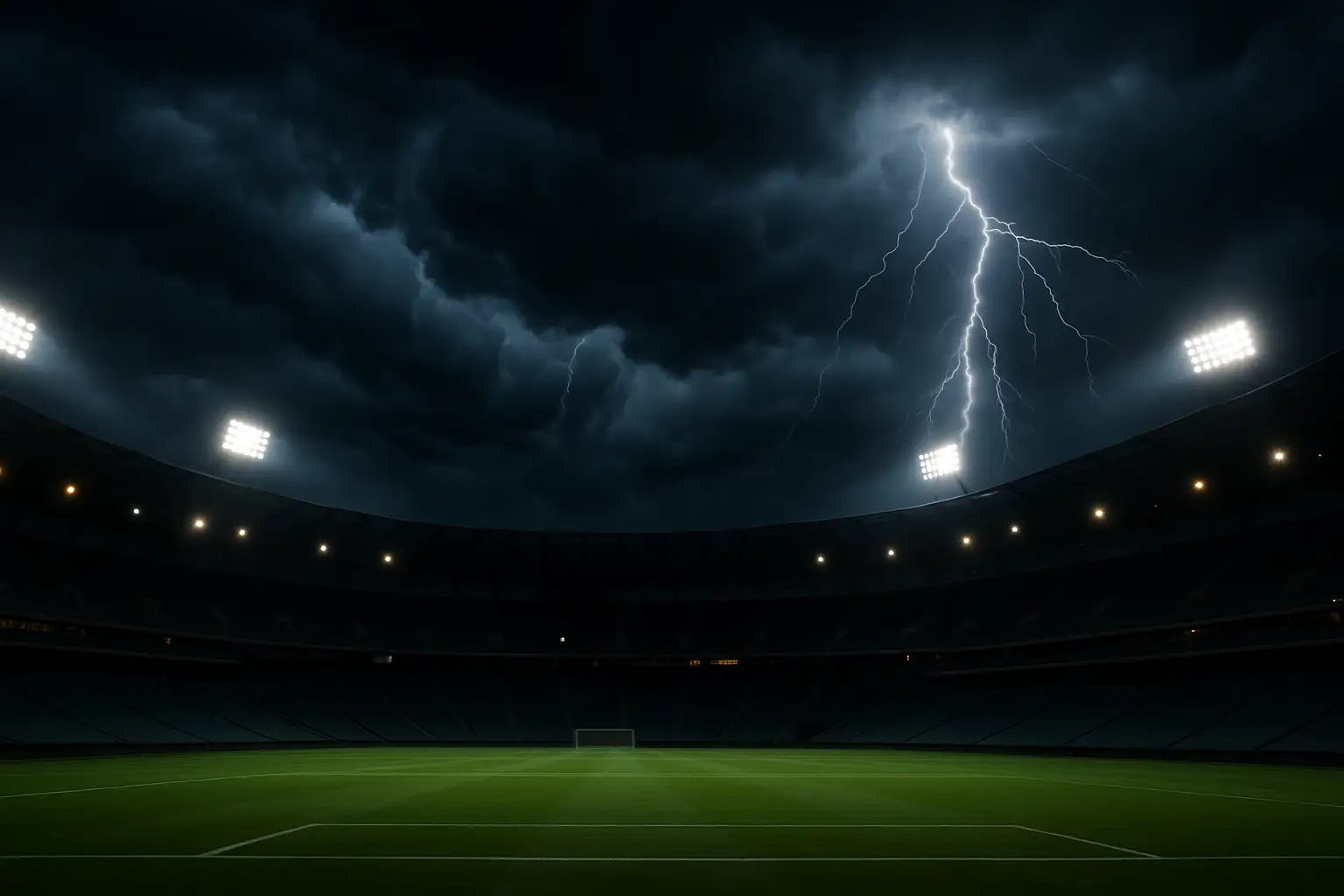 A football stadium under dark storm clouds with lightning visible in the distance