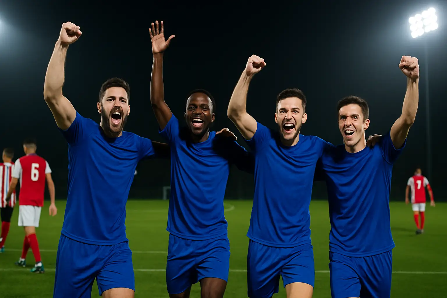 France football players celebrating after defeating Paraguay to reach the quarter-finals