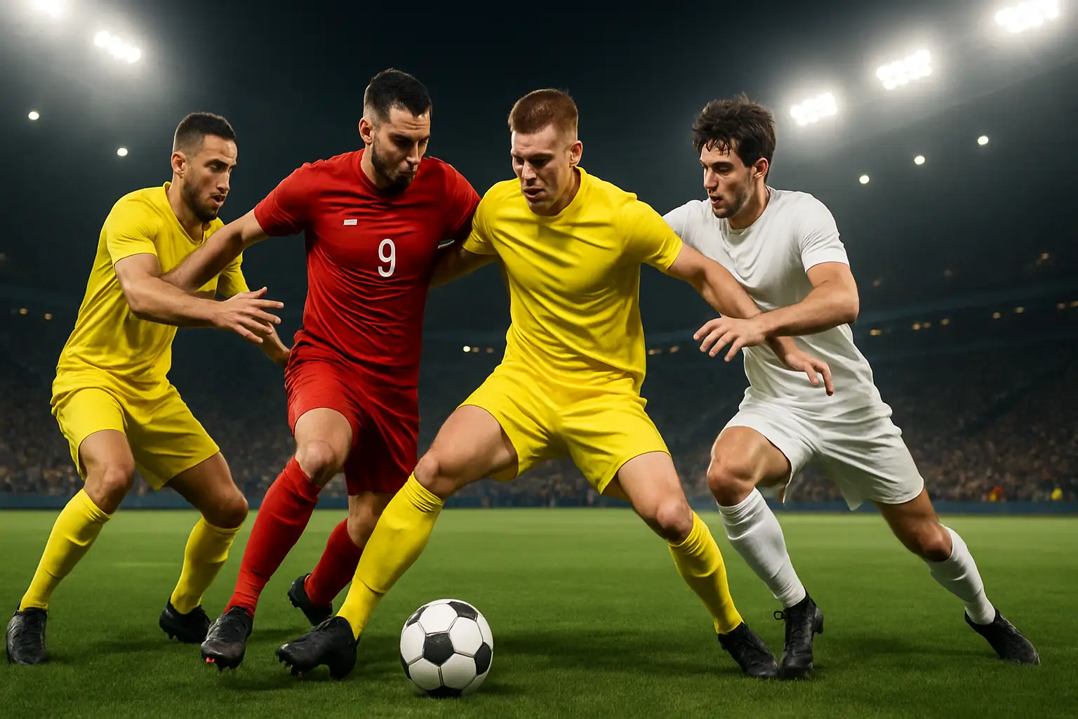 France and Spain players competing for the ball in a tense World Cup semi-final midfield duel