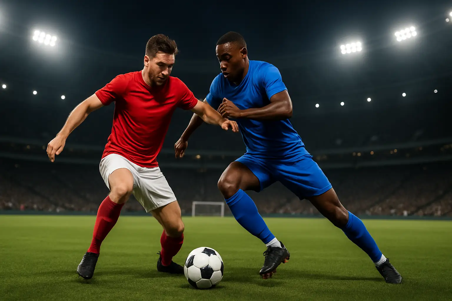 Football players from two national teams competing on a large stadium pitch during a major international tournament
