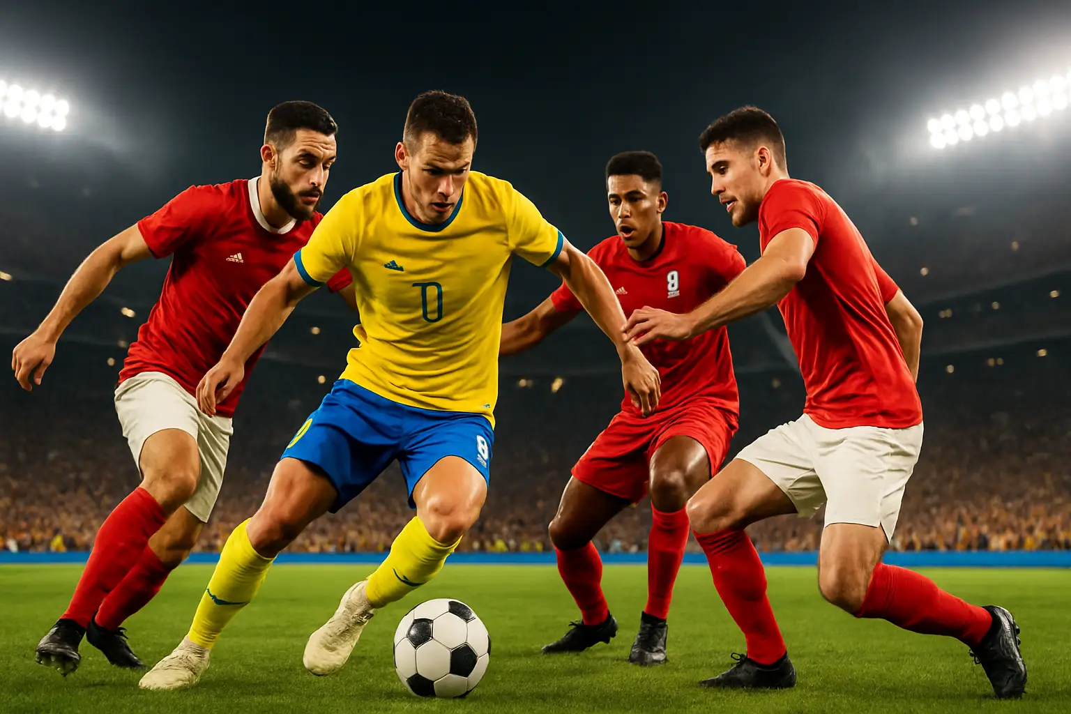 Football players competing in a World Cup third-place playoff match under floodlights