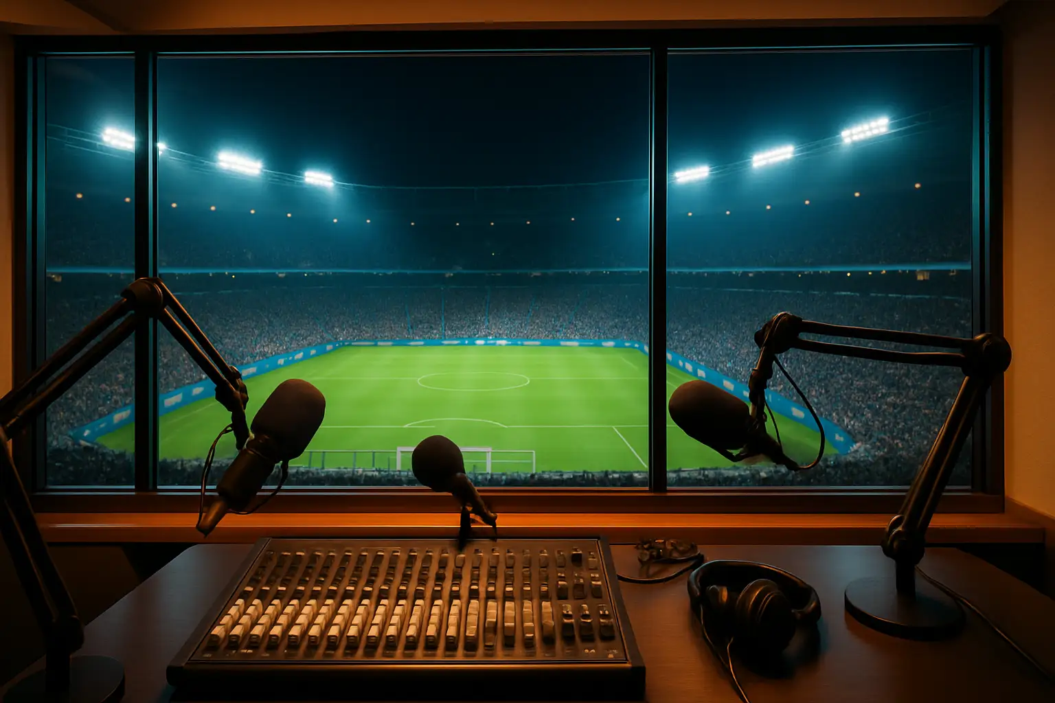 A radio broadcasting setup with a football stadium visible through the studio window
