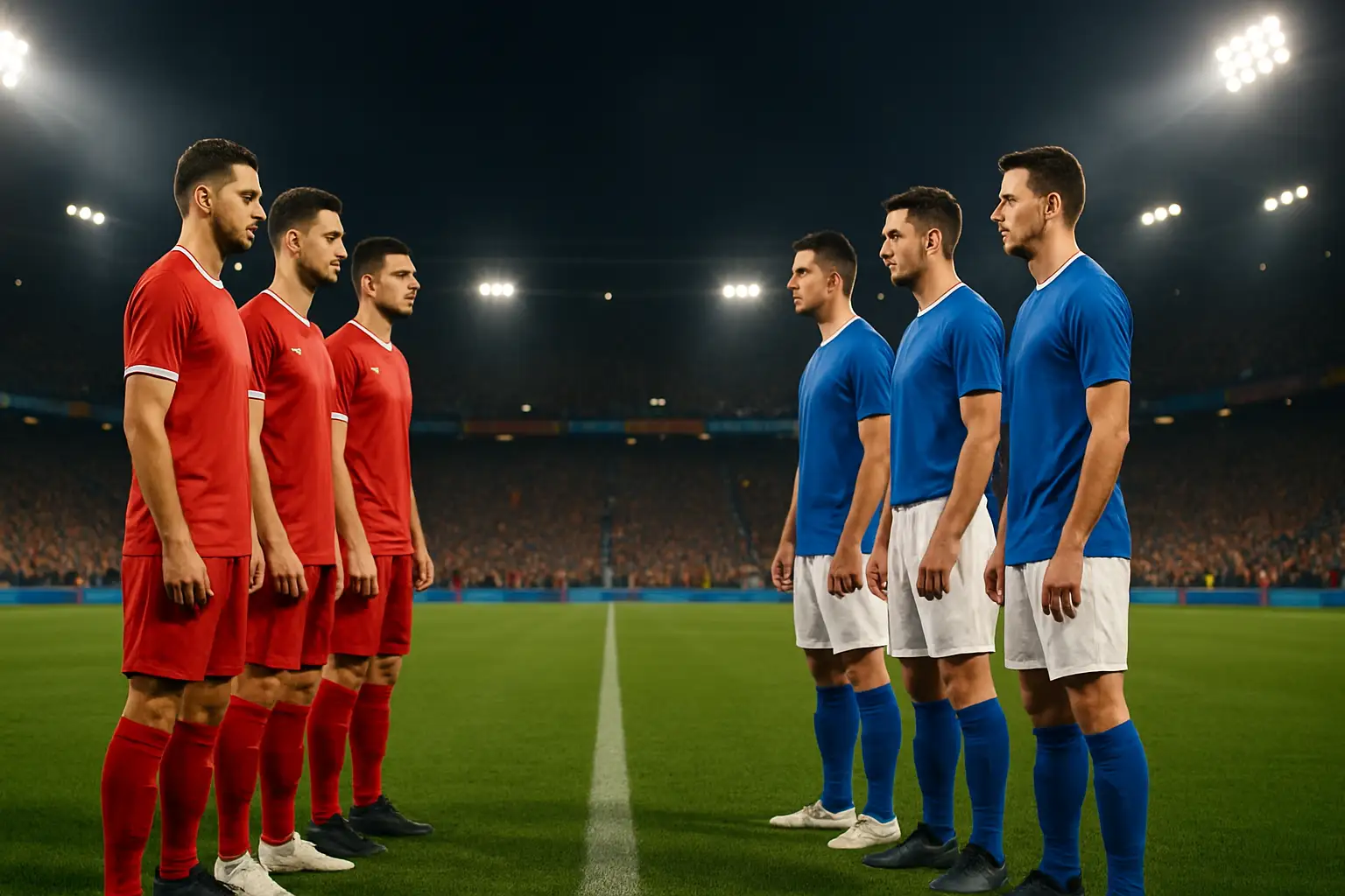 France and Morocco football players facing off on a World Cup pitch under stadium floodlights
