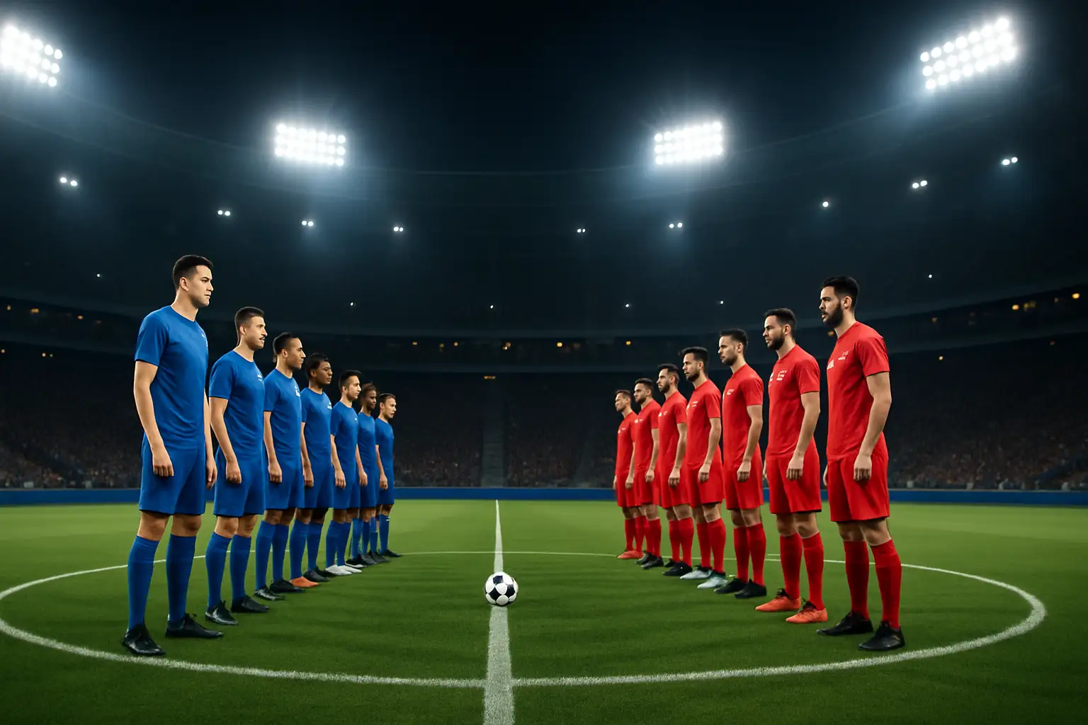 France and Spain football players facing off on a World Cup pitch under stadium lights