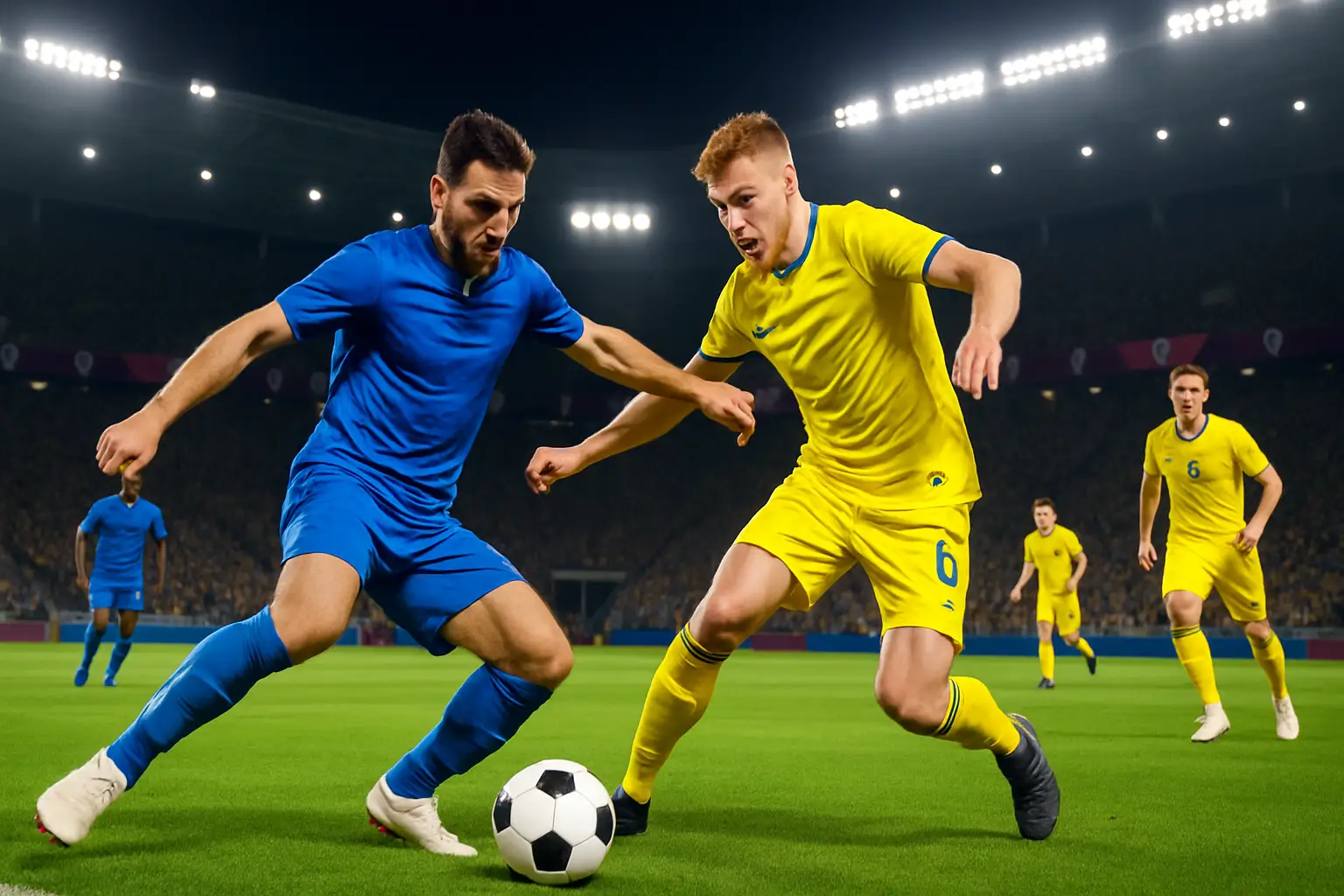 Football players competing in a World Cup knockout stage match under stadium floodlights