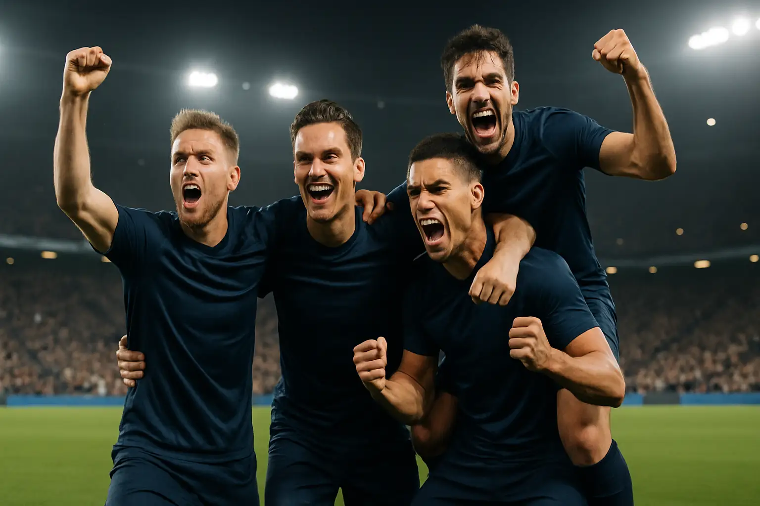 France national football team players celebrating on a pitch during an international tournament