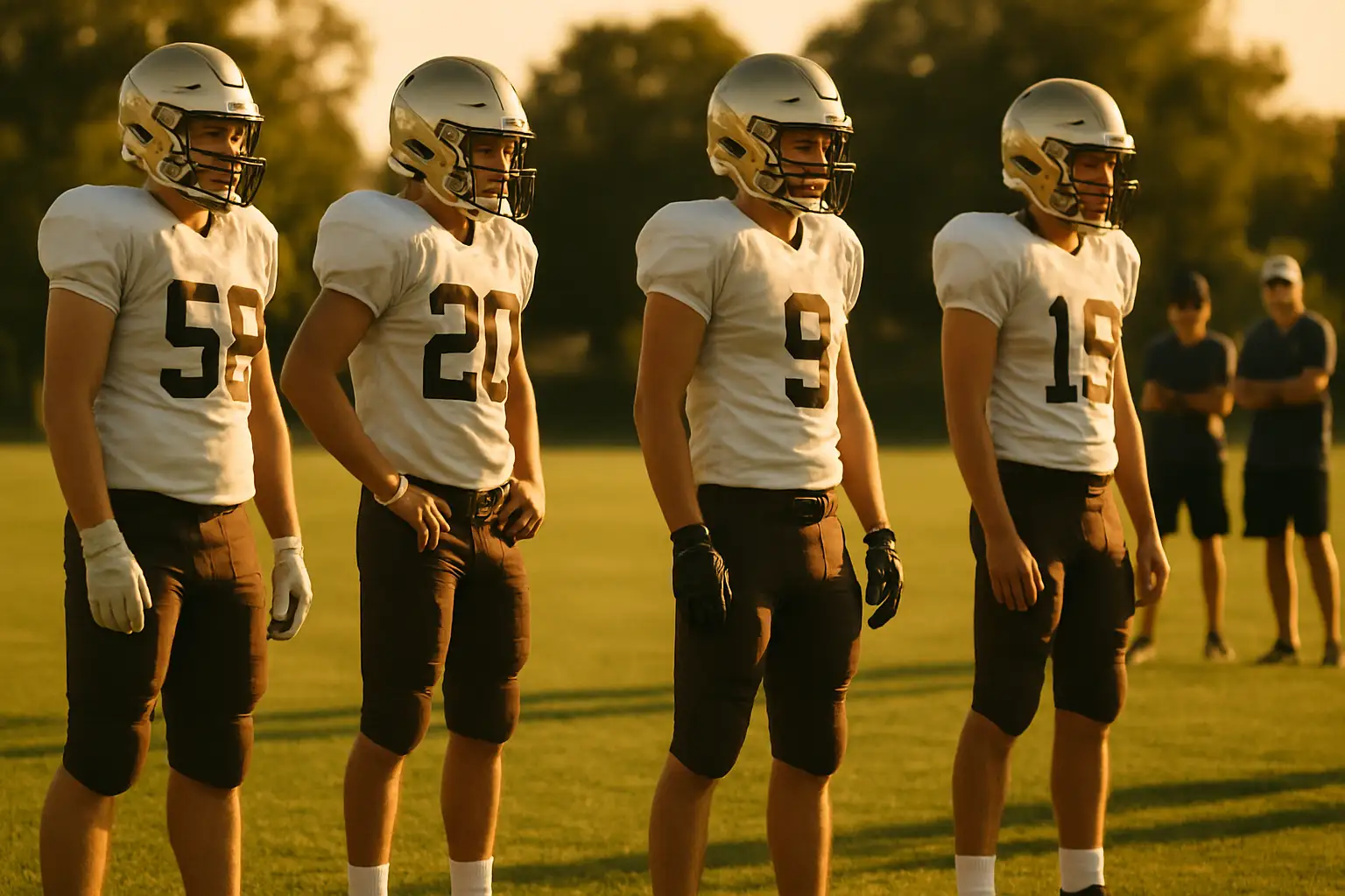 High school football players wearing advanced protective helmets on a practice field