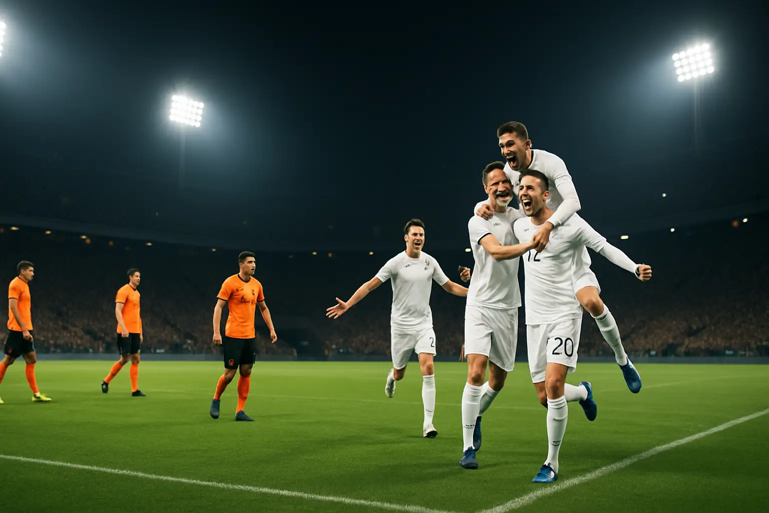 Germany players celebrating a goal against Ivory Coast on a floodlit football pitch