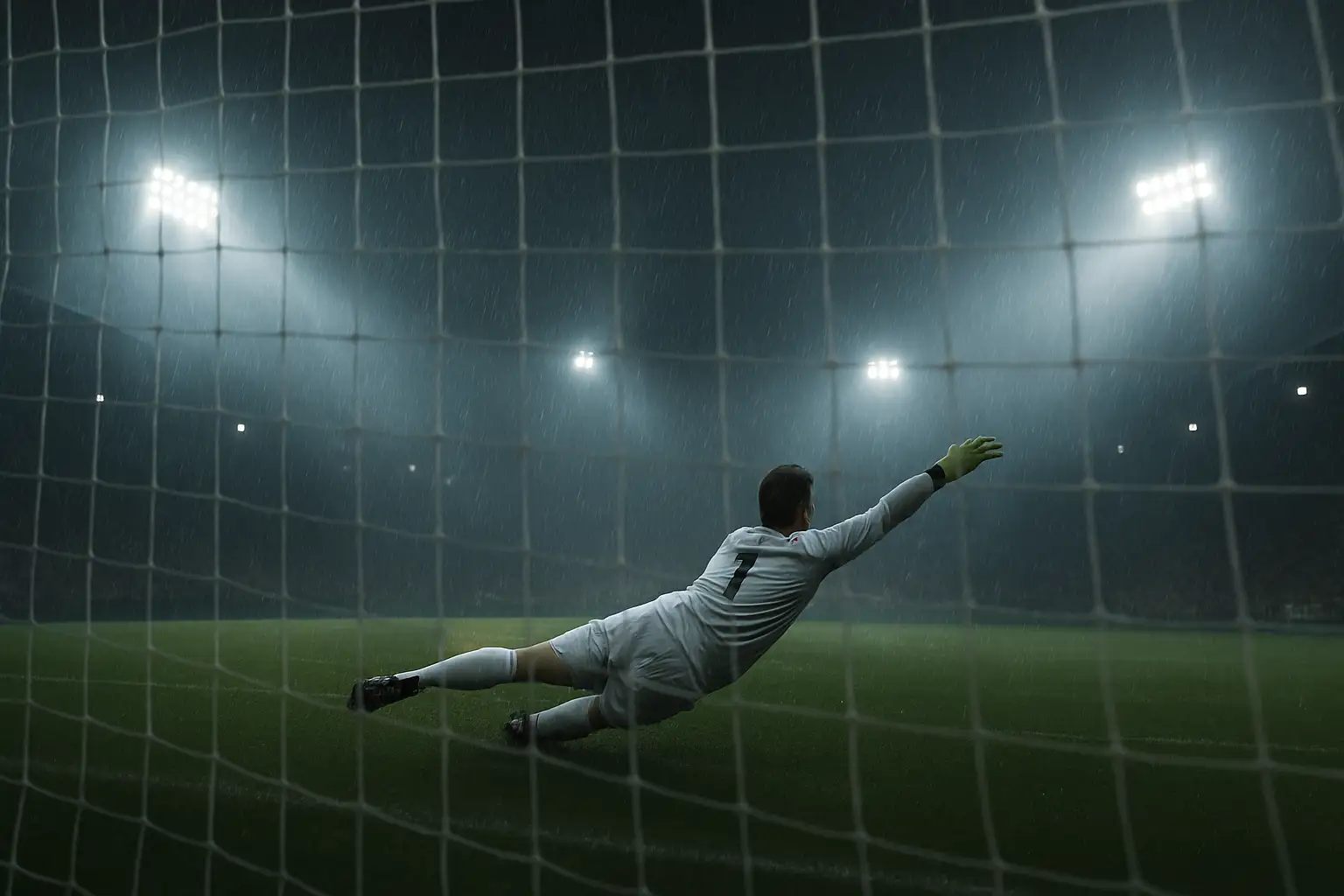 A goalkeeper diving during a penalty shootout at a major football stadium