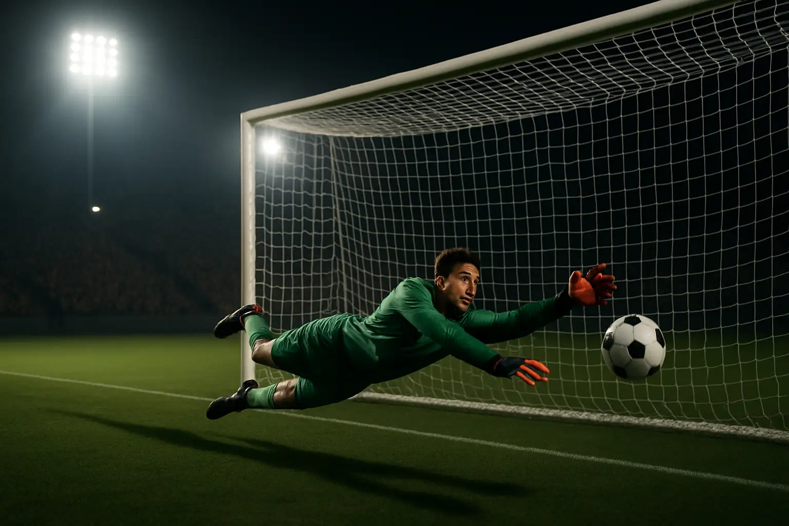A goalkeeper dives to save a penalty kick in a floodlit stadium during a high-stakes international football match