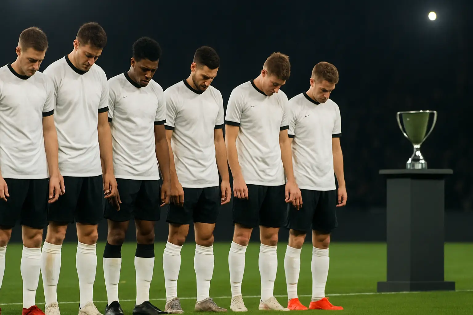 Germany football players standing on the pitch looking dejected after an early tournament elimination