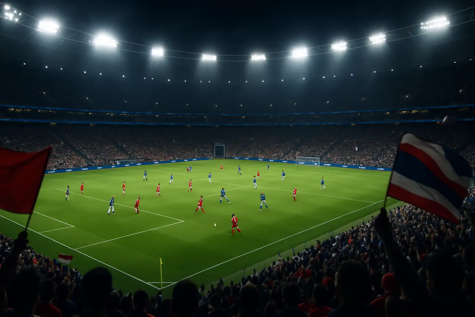 Football players from two national teams competing in a packed World Cup stadium