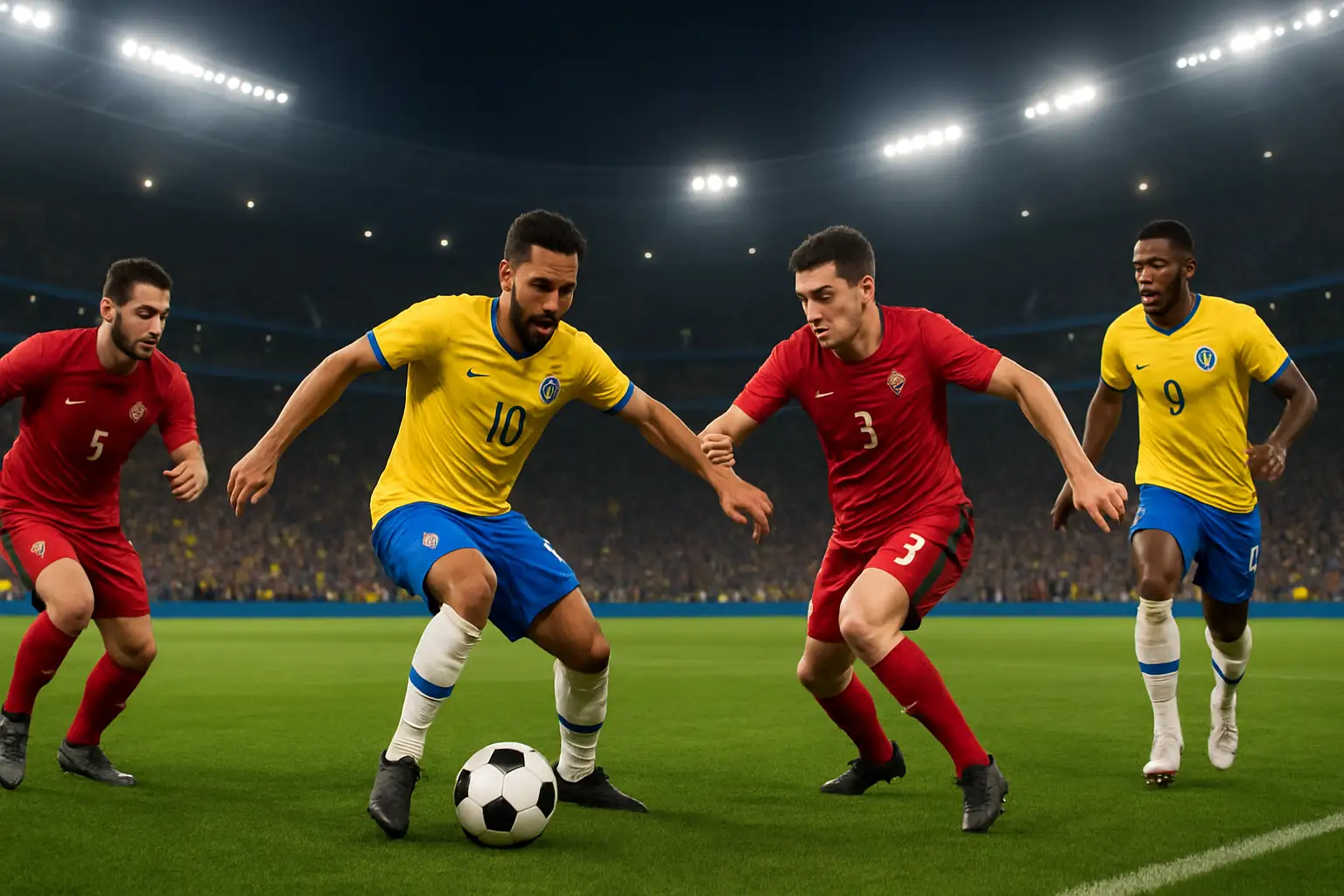 Soccer players competing in a World Cup knockout stage match under bright stadium lights