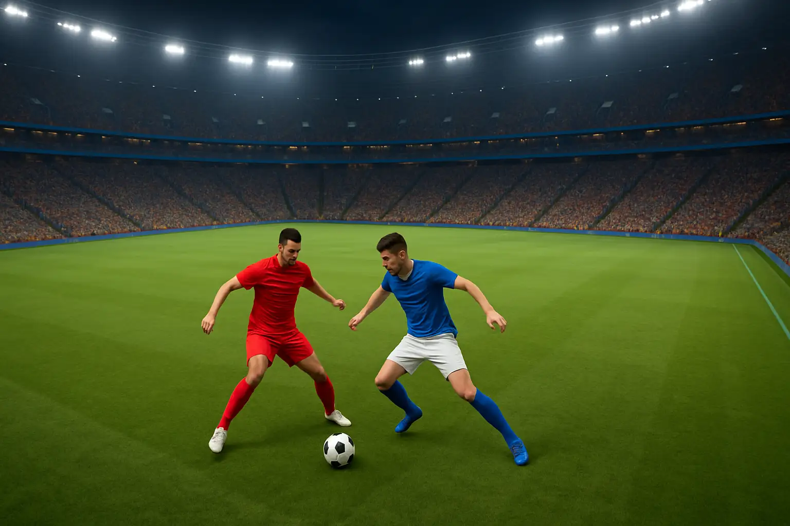 Football players from two national teams competing in a World Cup knockout match inside a packed stadium