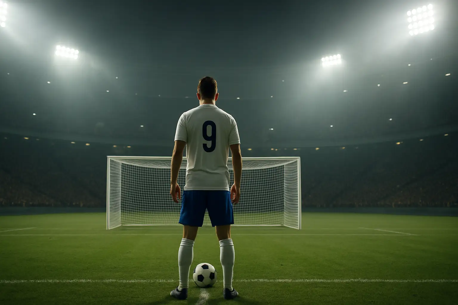 A footballer steps up to take a penalty kick in a packed stadium during a World Cup knockout match