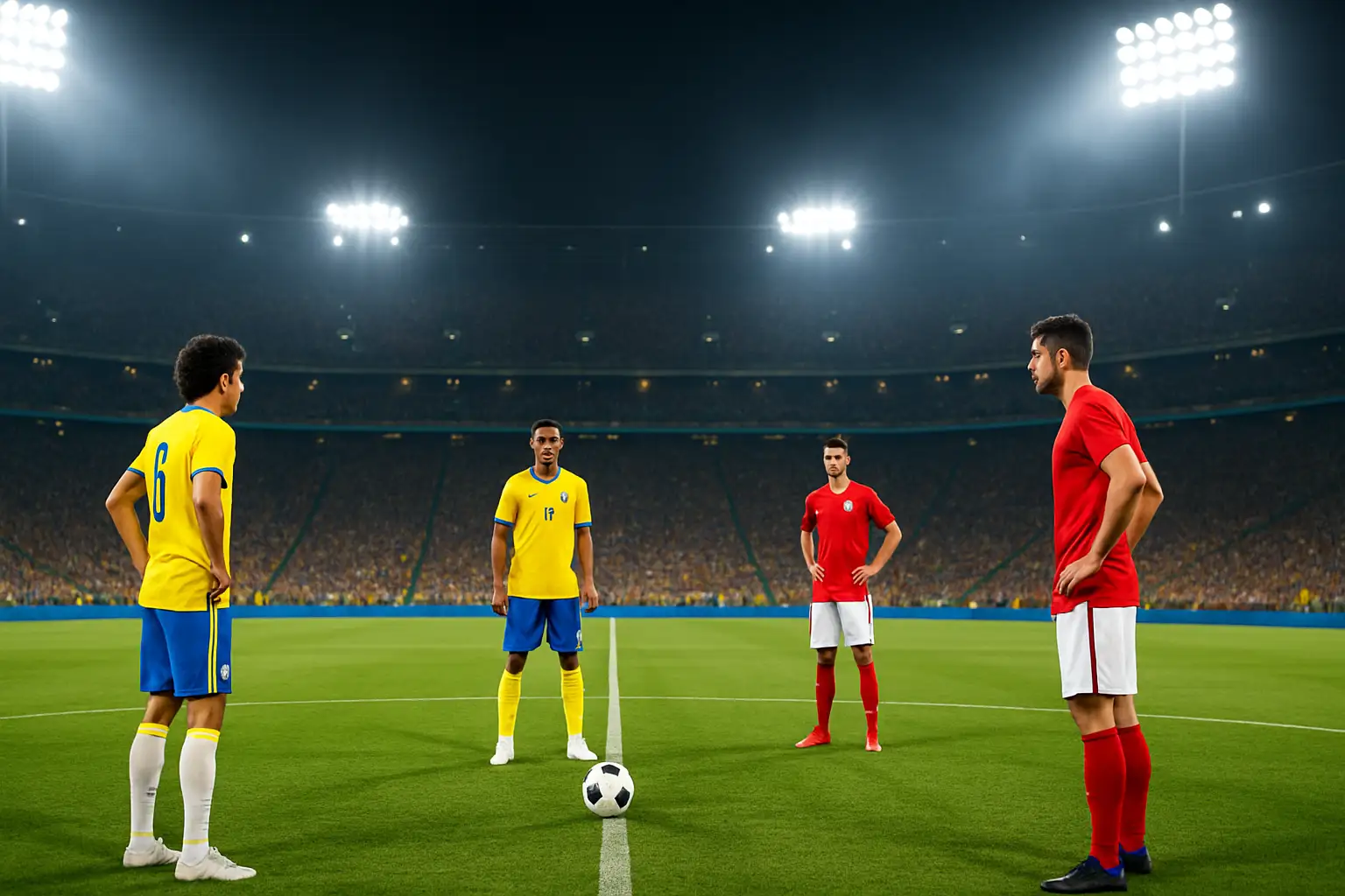 Football players competing on a floodlit stadium pitch during a major international tournament