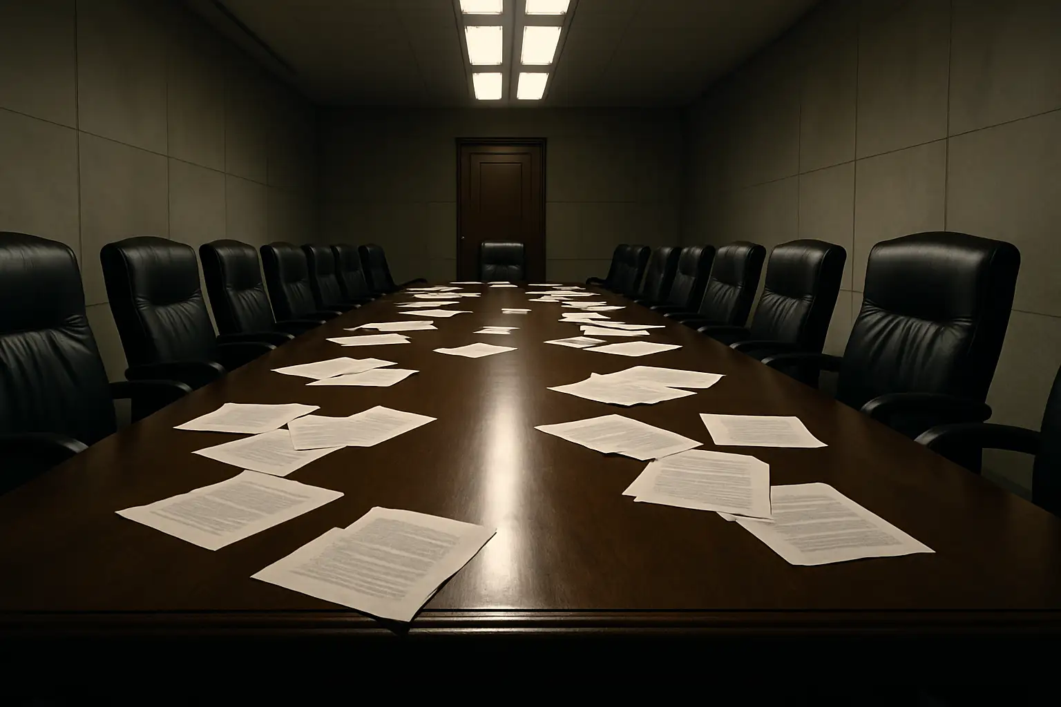 FIFA executive meeting room with empty chairs around a large conference table under bright lights