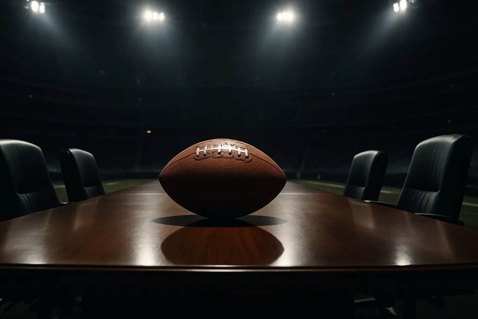 A football resting on a boardroom table inside an empty stadium, symbolizing football governance under pressure
