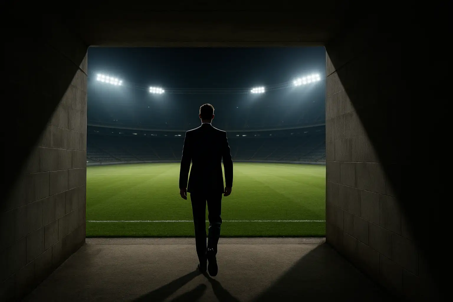 FIFA president walking into a large modern stadium under bright floodlights