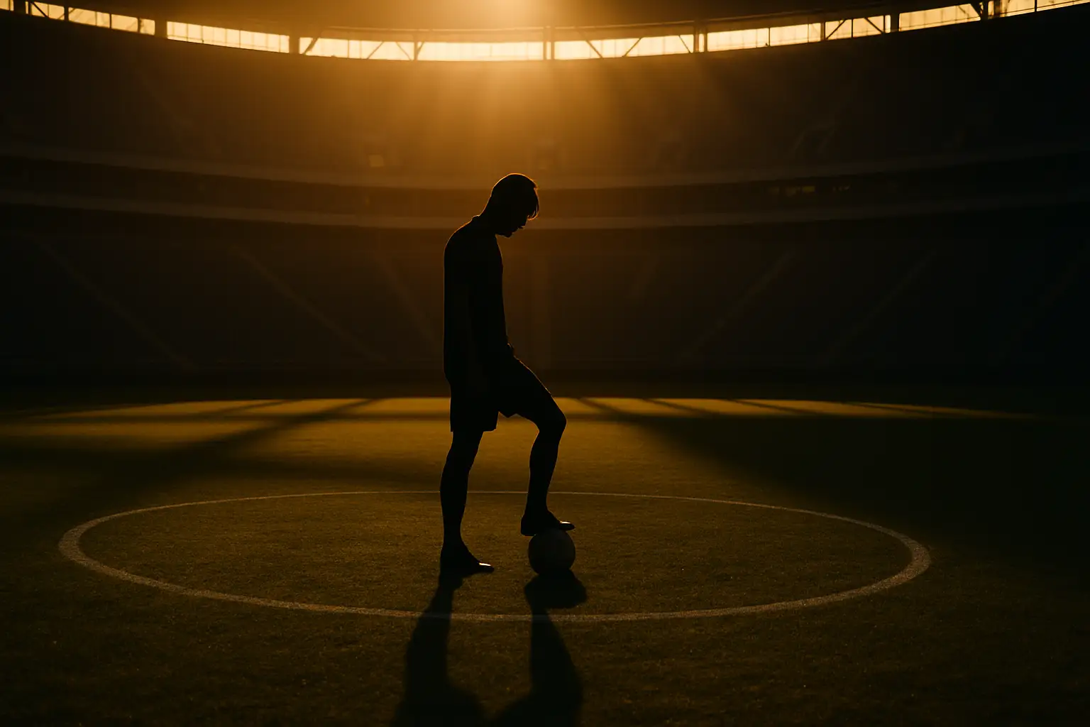 A lone football player standing on an empty stadium pitch at dusk, head bowed in reflection