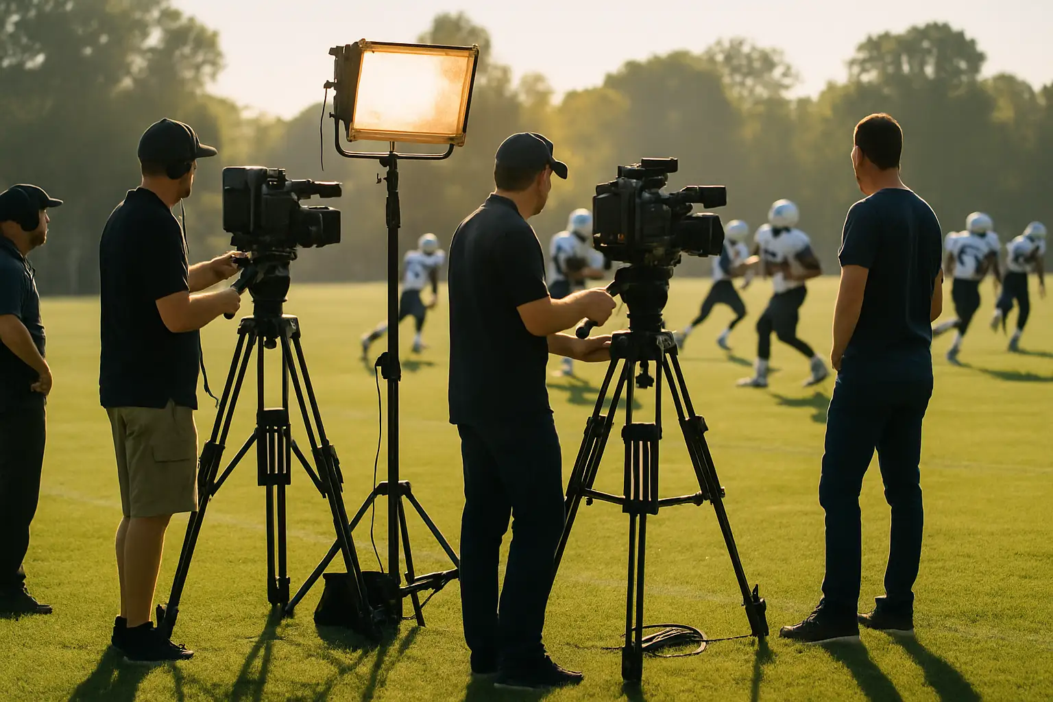 NFL camera crew filming players during a morning practice at a Vikings training camp facility