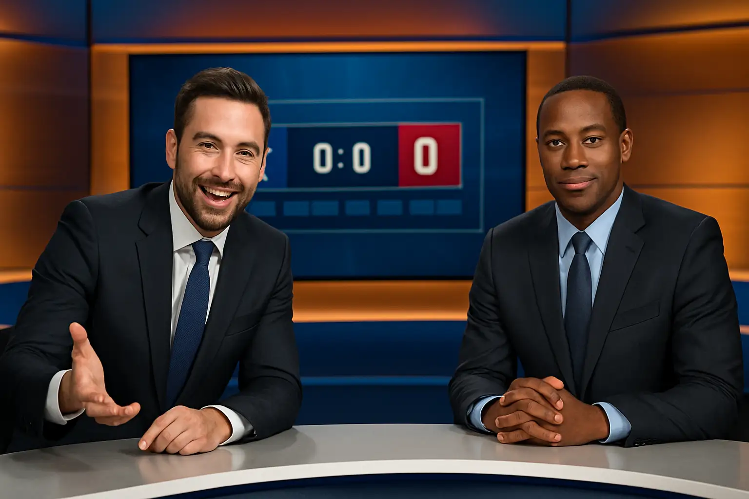 A football television studio set with two analysts seated at a curved desk, one gesturing confidently toward a large screen showing a scoreboard