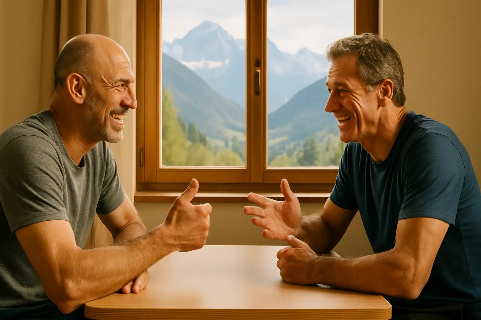 Former Montana Grizzlies football players laughing together in a casual setting