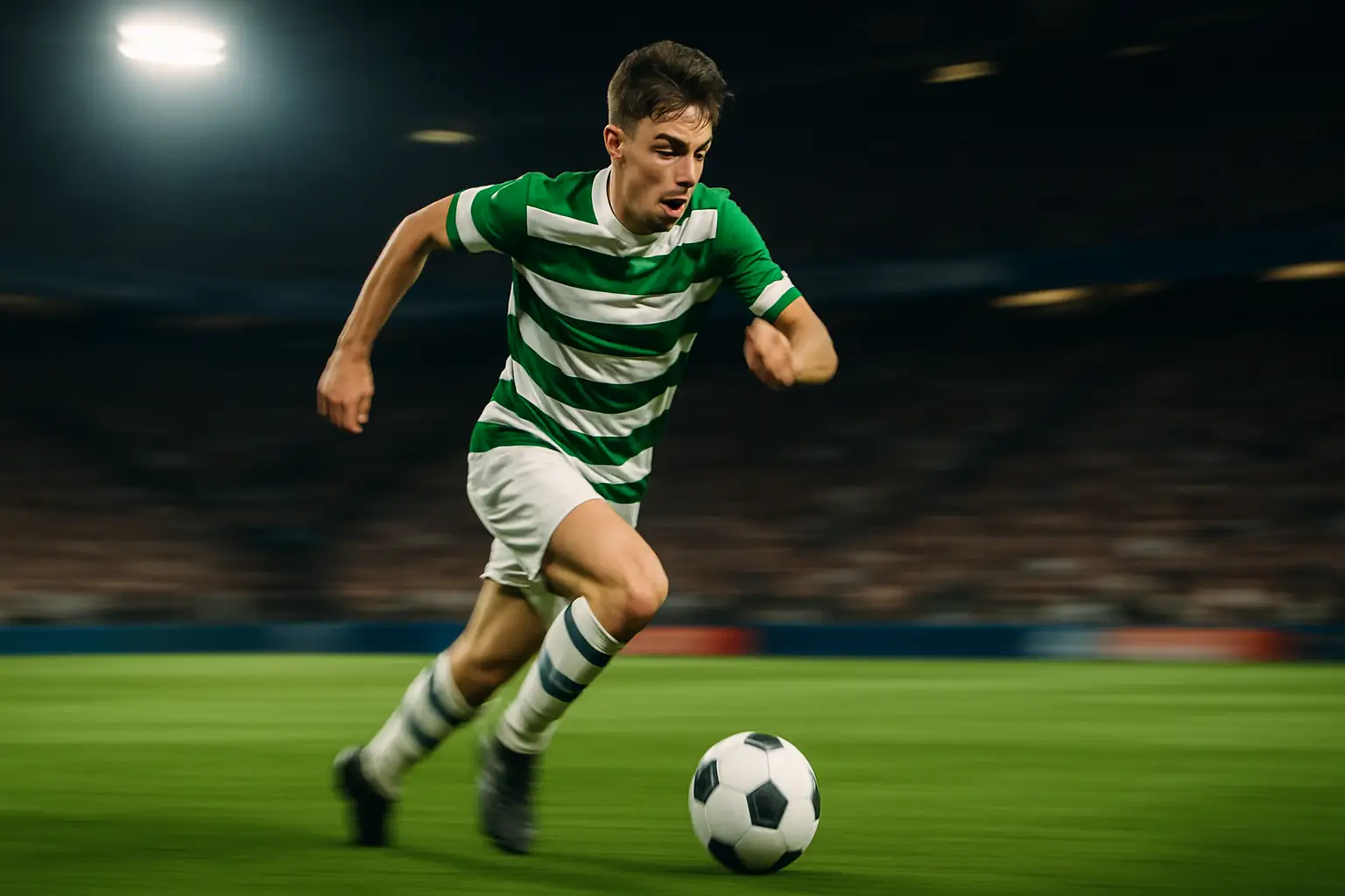 A winger sprinting with a football on a green pitch under stadium floodlights