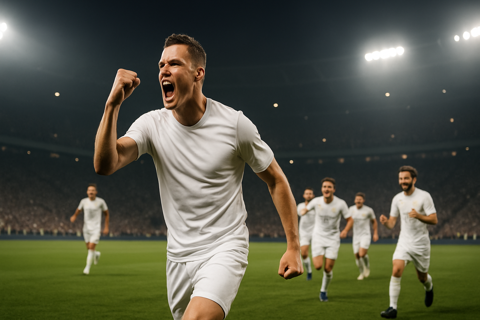 England footballer in white kit celebrates a goal during an international match