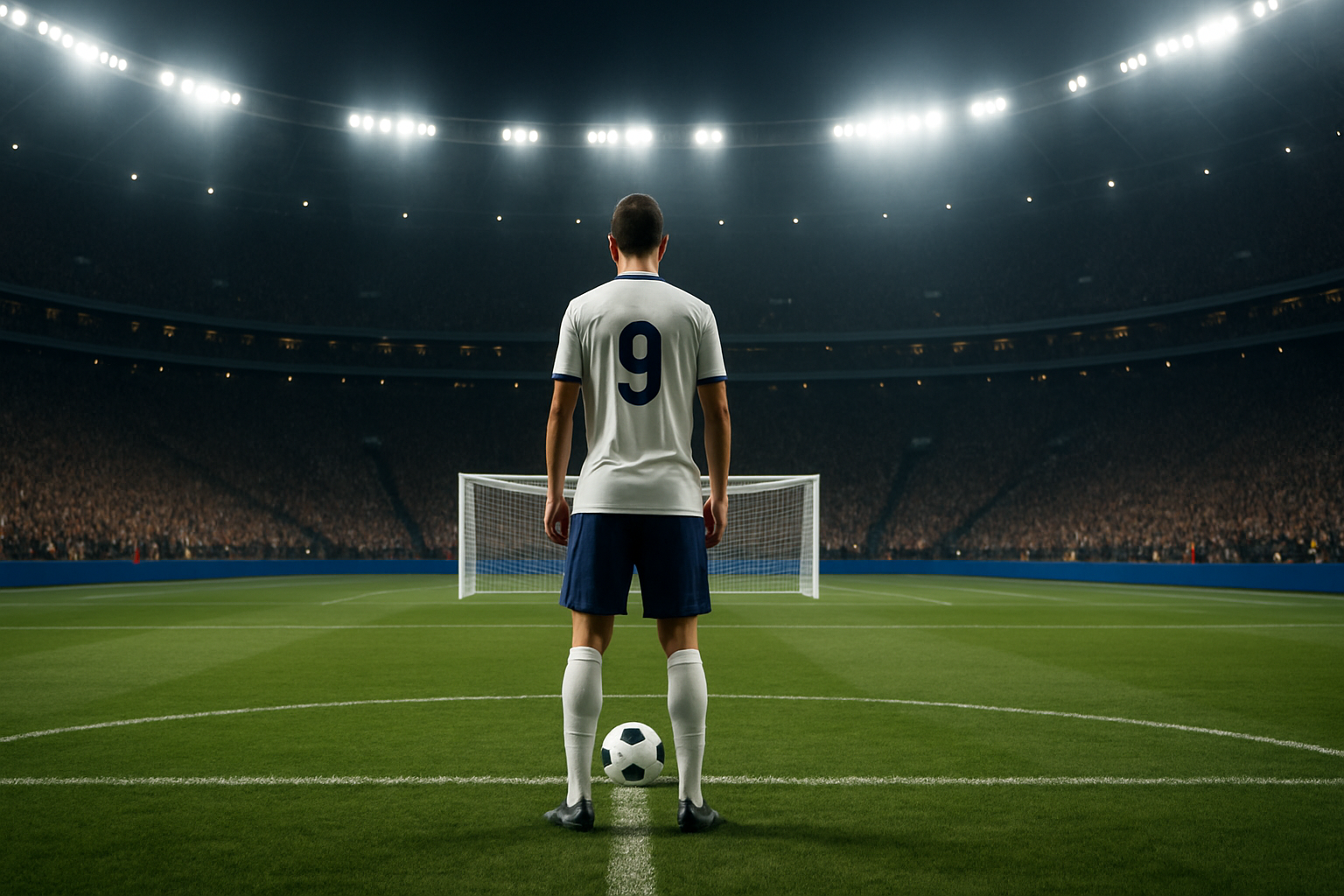 A footballer in a white England kit prepares to take a penalty kick in a packed World Cup stadium