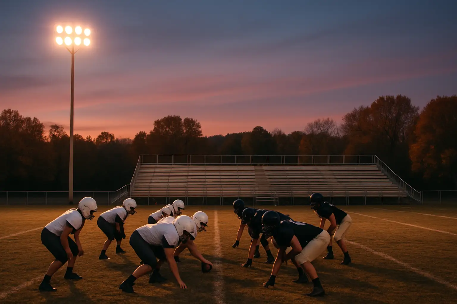 Football players in helmets preparing for a snap on a Wisconsin high school field at dusk