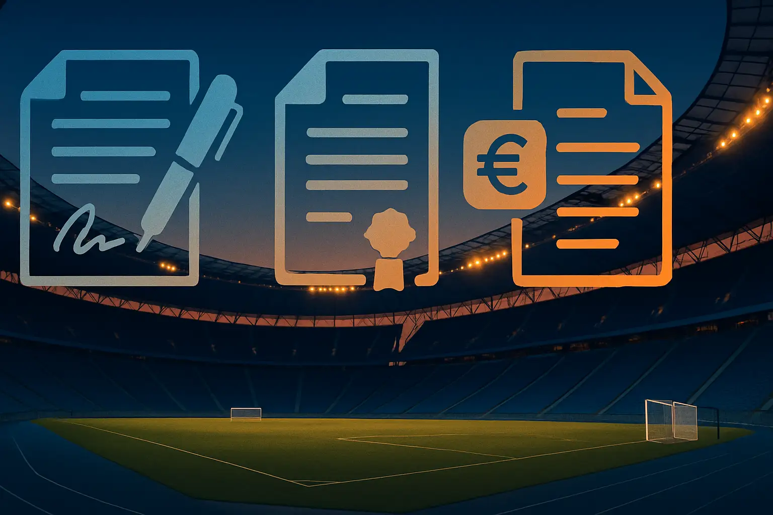 A football stadium at dusk with governance and finance symbols overlaid in a conceptual editorial illustration