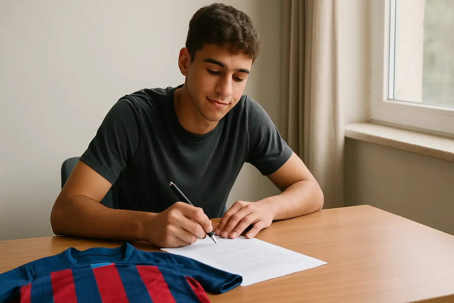 A footballer signing a contract at a football club office with a jersey on the table