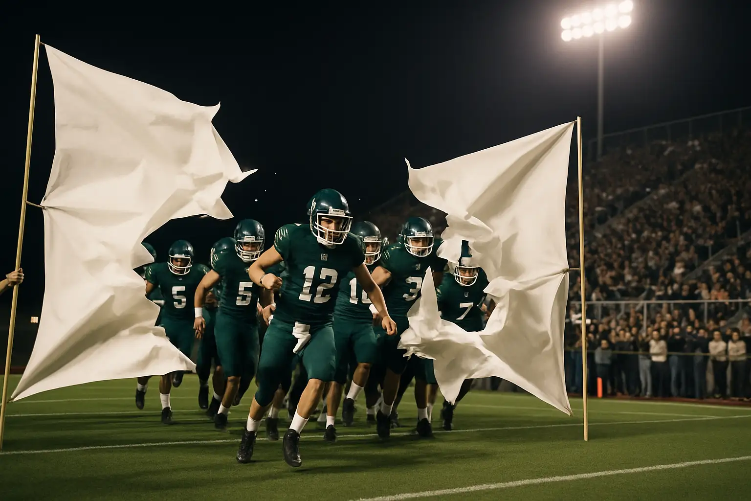 High school football players running onto a lit stadium field at the start of a game