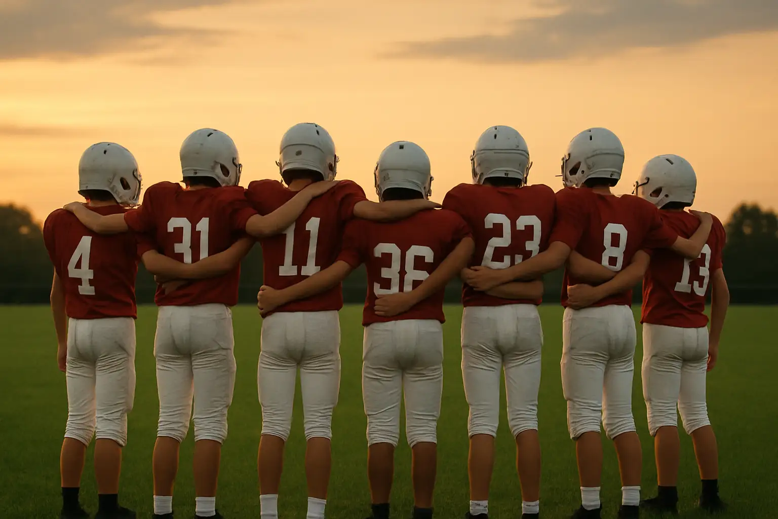 High school football players gathered on a field showing support for their coach