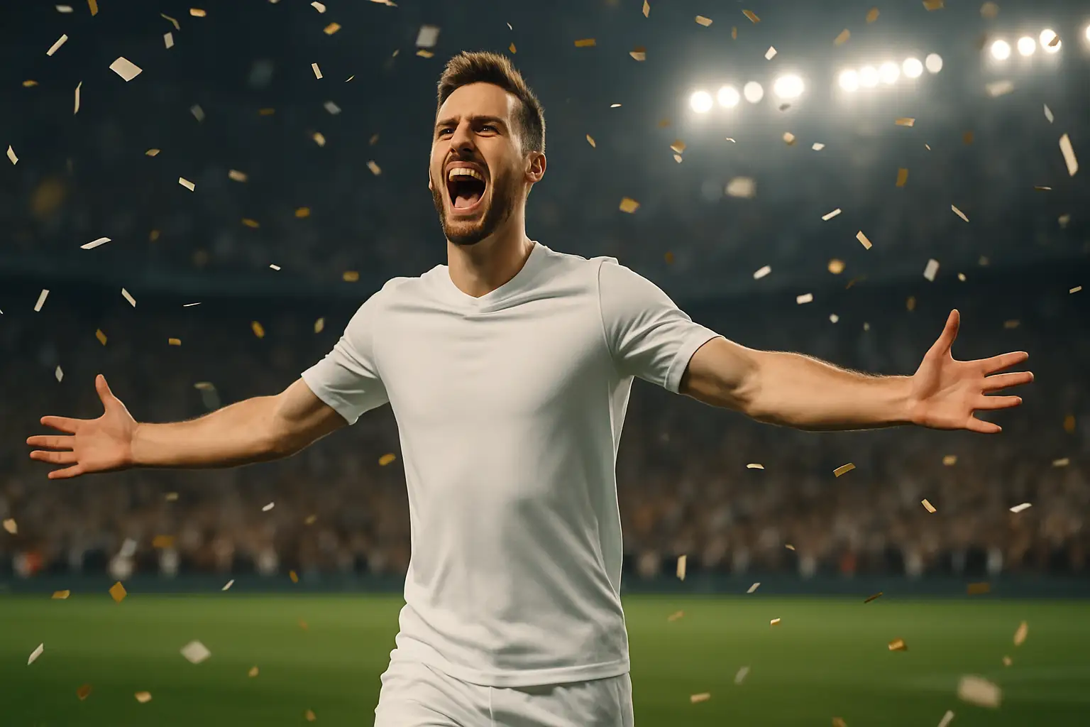 A football player in white kit celebrating on a floodlit stadium pitch surrounded by fans