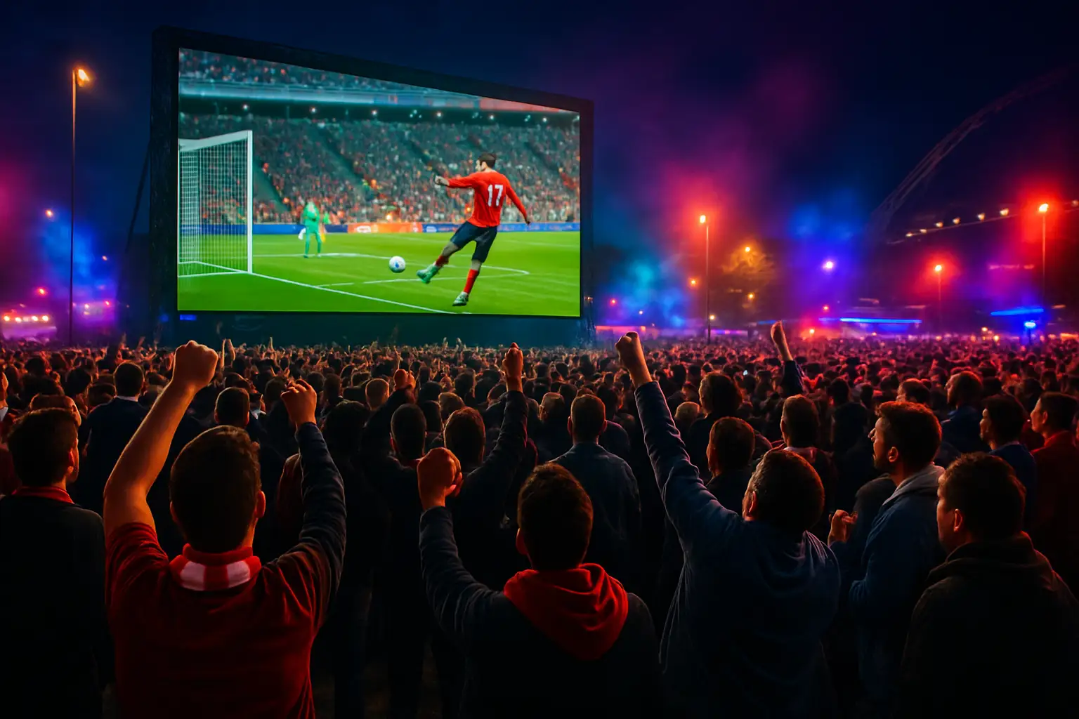 Fans gathered in a large outdoor viewing zone watching a football match on a massive screen at night
