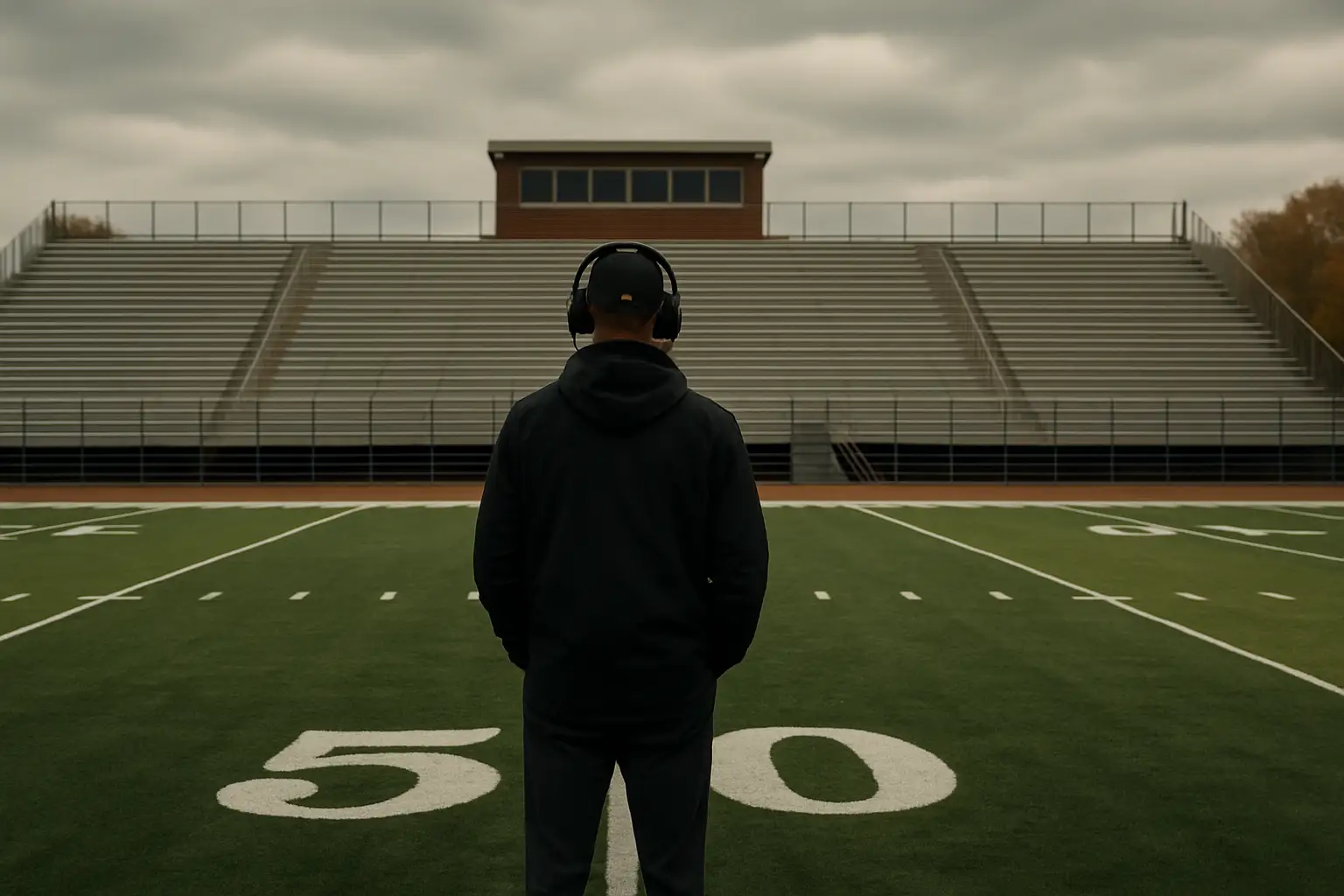 A football coach stands on a college football field sideline, looking toward the end zone