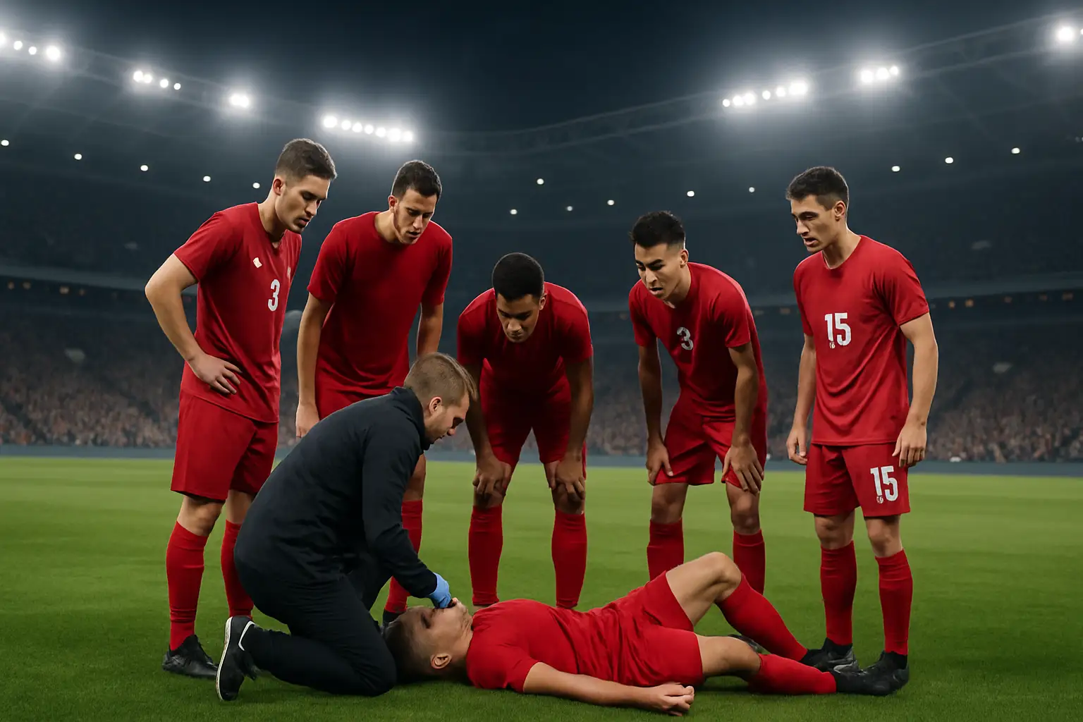 Canadian football players on a World Cup pitch, one player receiving medical attention while teammates look on