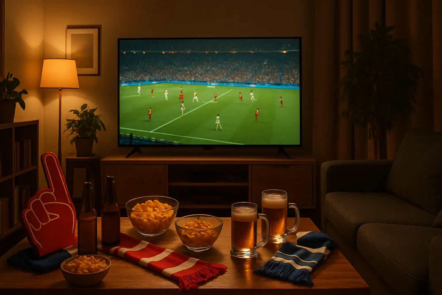 A living room set up for a football World Cup viewing party with snacks and a TV showing a match