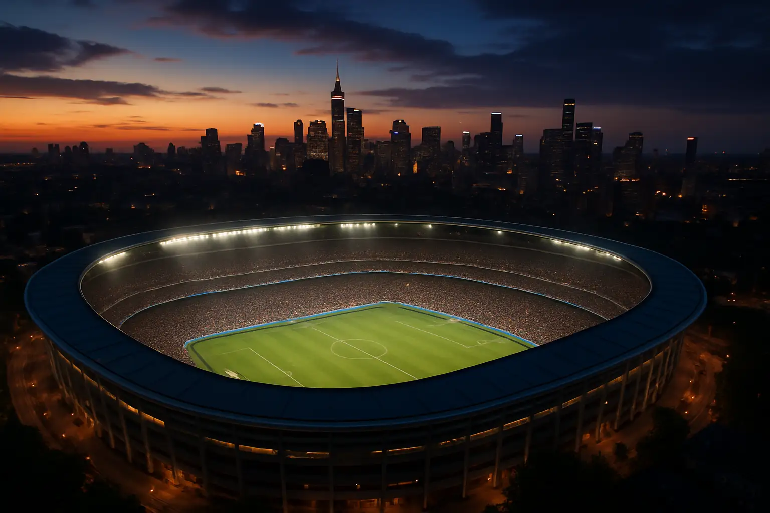 Aerial view of a large soccer stadium lit up at night in an American city