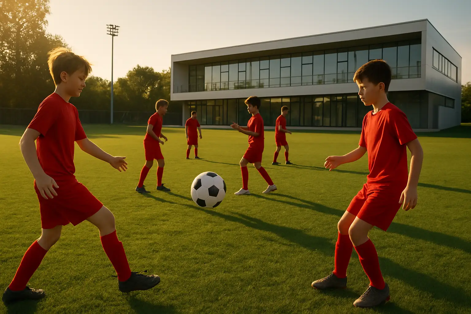 Young football players in training on a green pitch under clear skies
