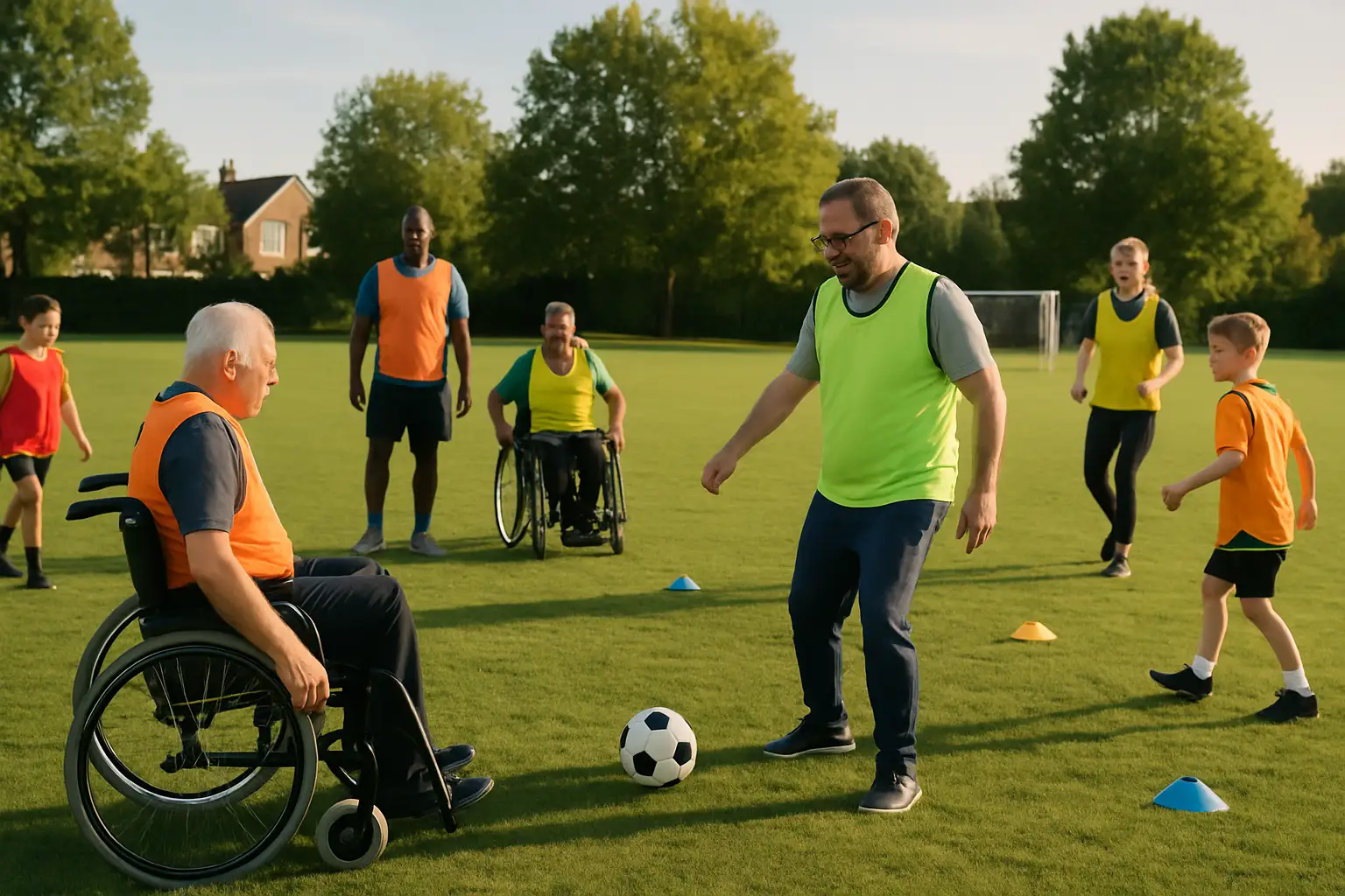 A diverse group of players participating in an inclusive football session on a community pitch