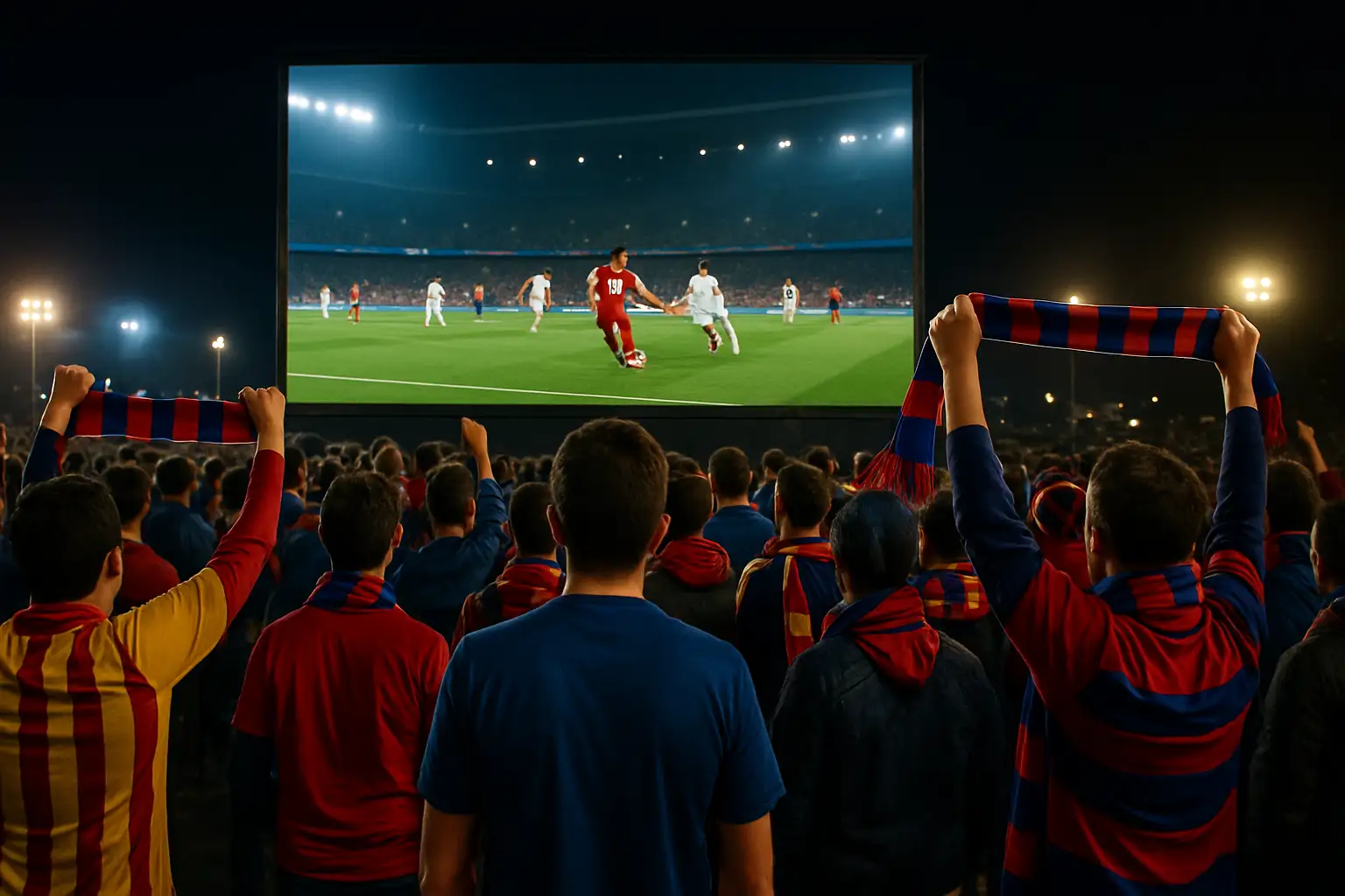 Football fans watching a FIFA World Cup match on a large screen