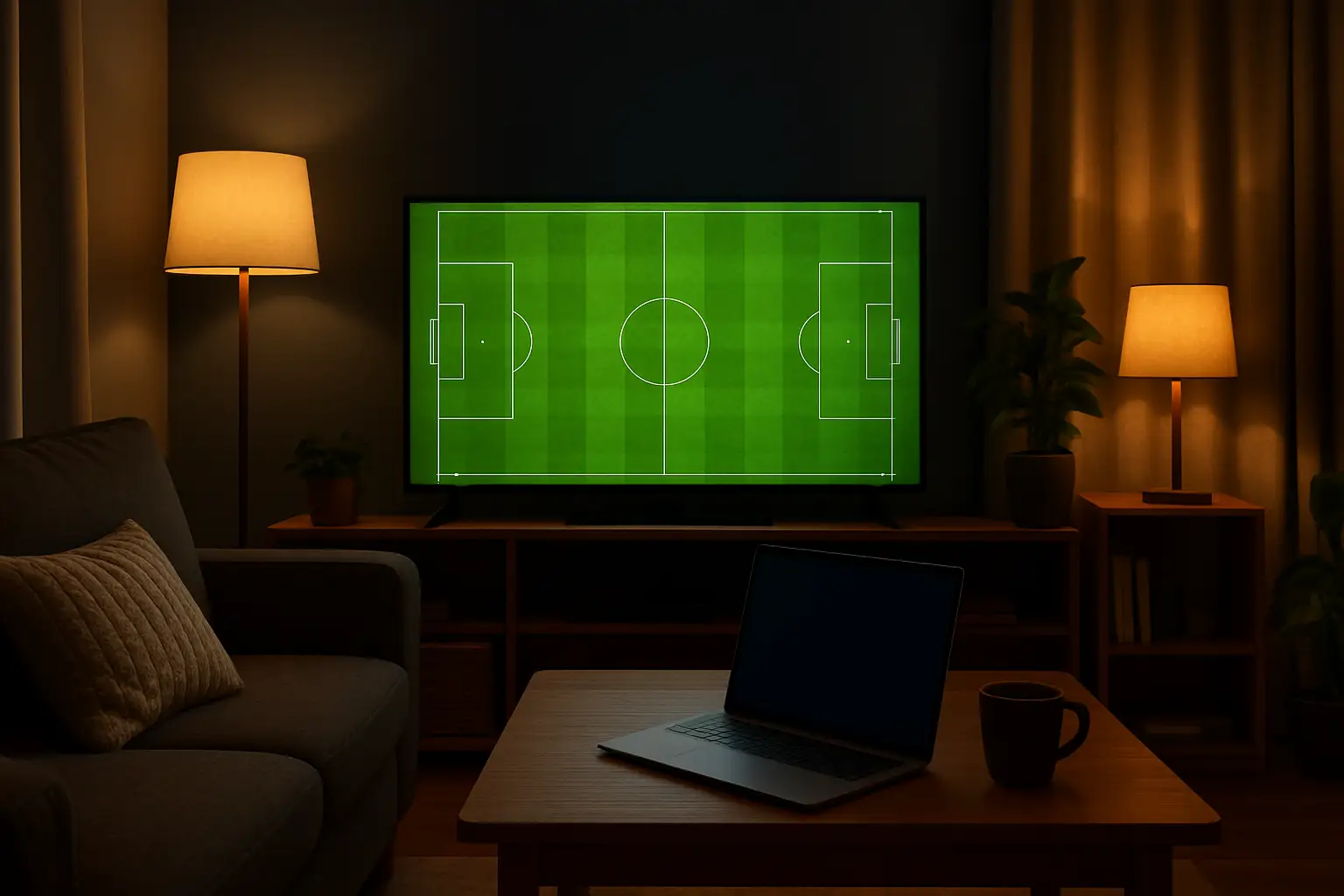 A person watching a soccer match on a laptop and television at home