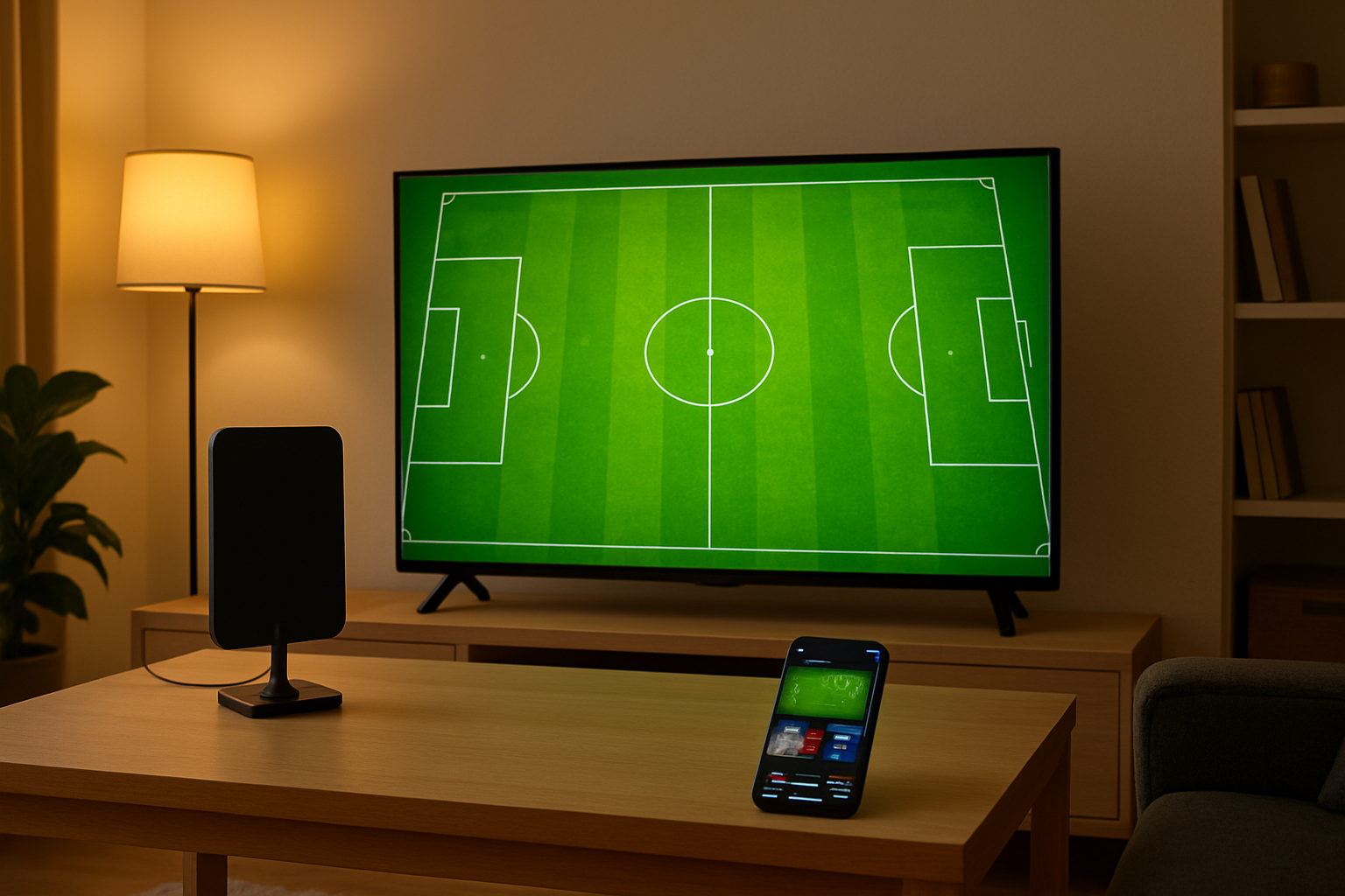 A television screen displaying a live football match with streaming service icons visible