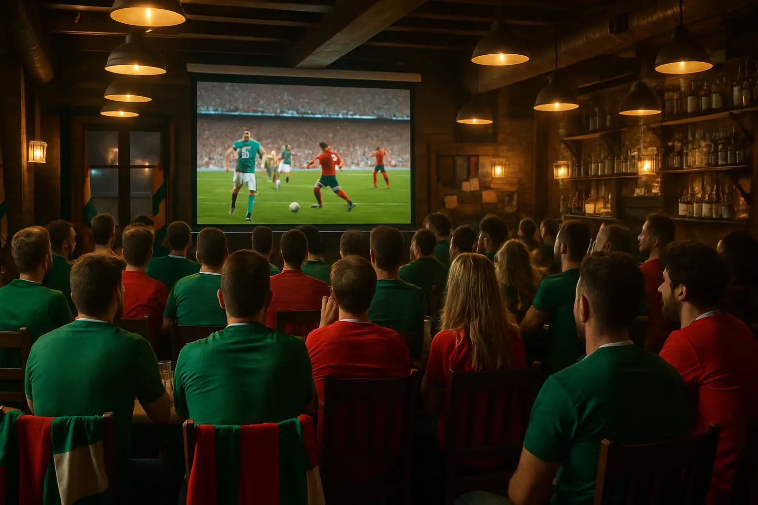 Football fans watching a live World Cup match on a large screen in a packed sports bar